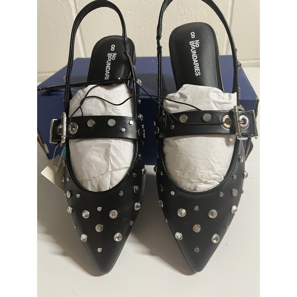 NWT Women's Black Sling Back Flats With Silver Studs Size 8 M